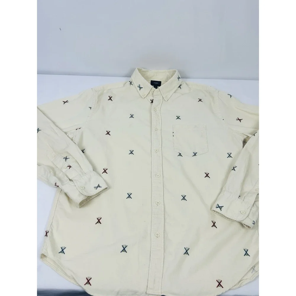 J. Crew Corduroy Shirt Mens Large Ivory Embroidered Ski Print Long Sleeve